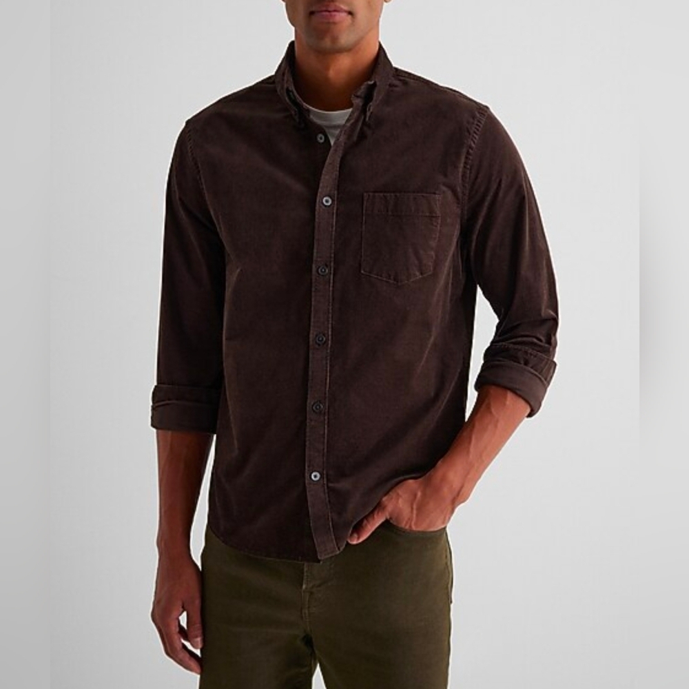 Men's Express Brown Corduroy Shirt Button Up Long Sleeve XL Stretch